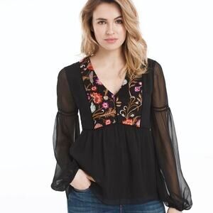 WHBM Peplum Top Blouse Long Sleeve Chiffon Embroidered Bishop Empire Size 10